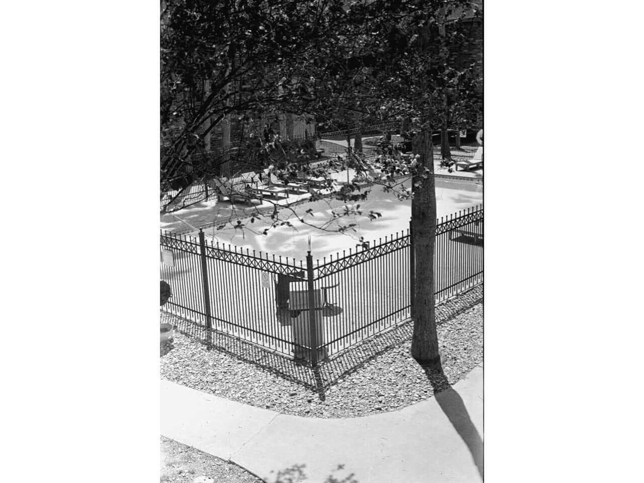 Black and white photo of a fenced pool area with sunlight and shadows from trees.