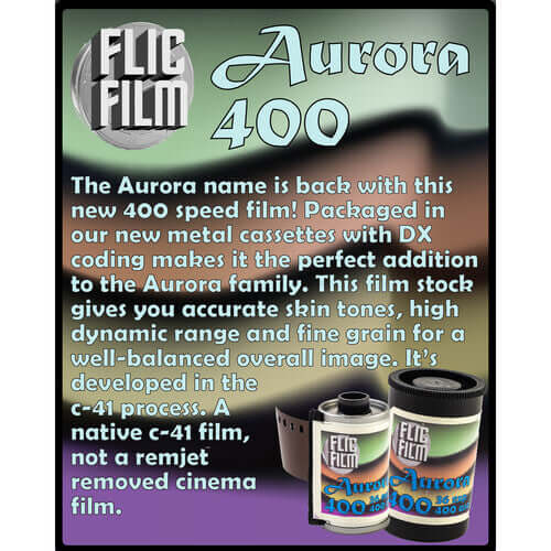 Flic Film Aurora 400 Color Negative Film packaging with detailed description and film canisters placed on a colorful background.
