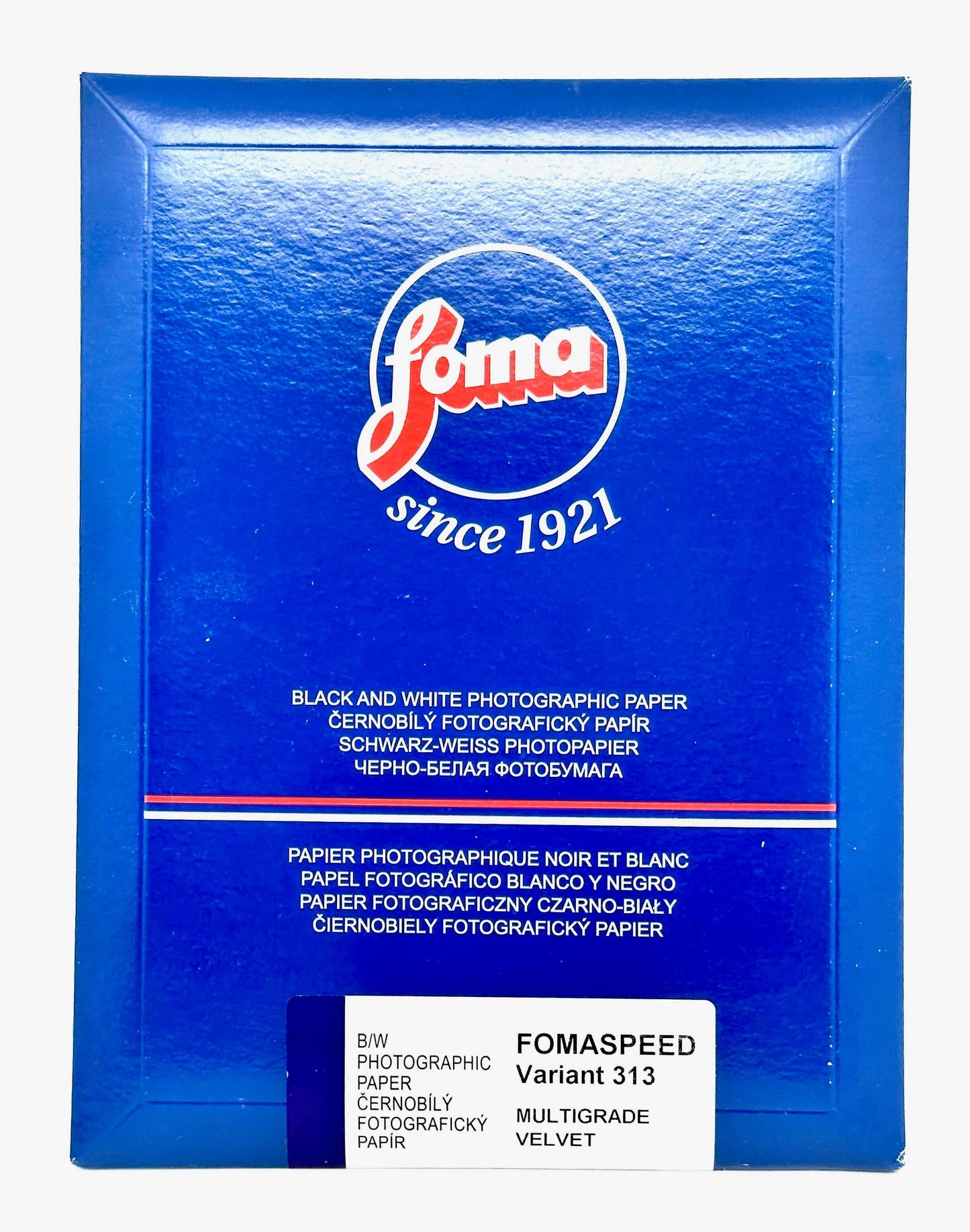 Foma Fomaspeed 313 Variant III VC RC Velvet BW Photographic Paper packaging showcasing its historical quality since 1921.