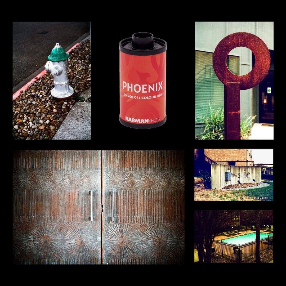 HARMAN Phoenix 200 ISO Color C41 35mm film reel with urban imagery, showcasing unique textures and analog character.
