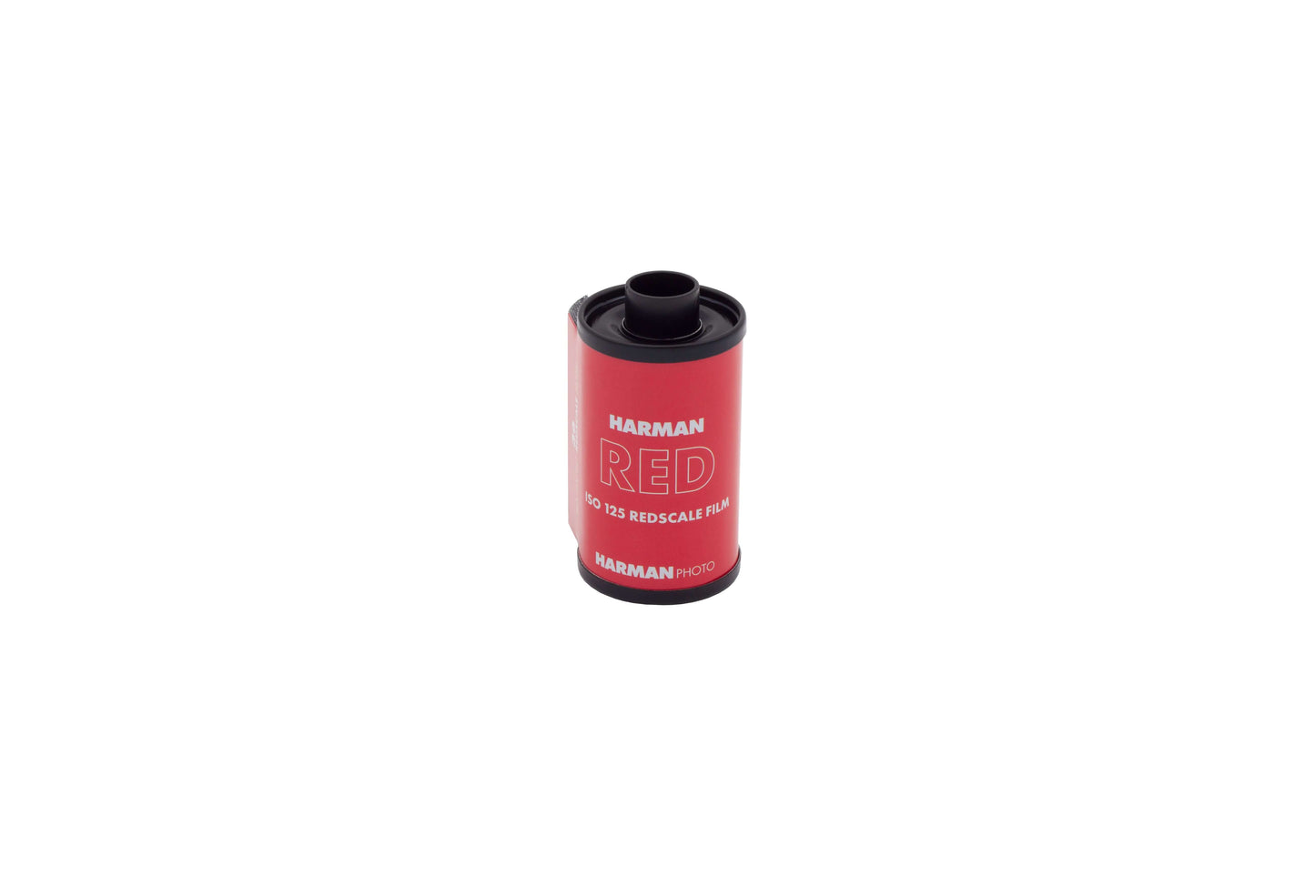 Harman Red 125 ISO Redscale 35mm film canister on a white background.