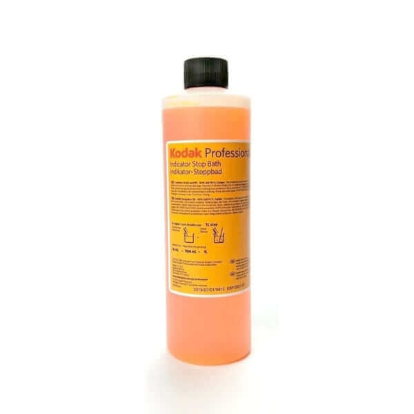 Kodak Indicator Stop Bath 16 oz. for Black and White film, features indicator for exhaustion, made in USA.