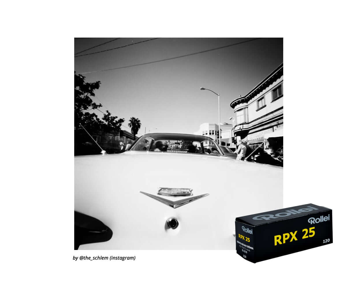 Black and white photo of a vintage car with the Rollei RPX 25 120 film box in the corner, showcasing classic photography.