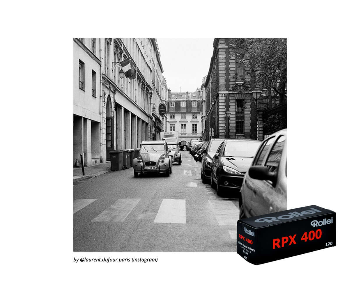 Black and white street scene featuring Rollei RPX 400 film packaging, showcasing urban photography aesthetic.