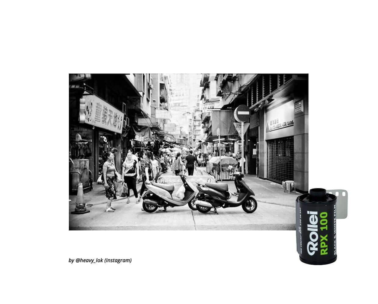 Black and white street photography featuring scooters and people, showcasing Rollei RPX 100 film.