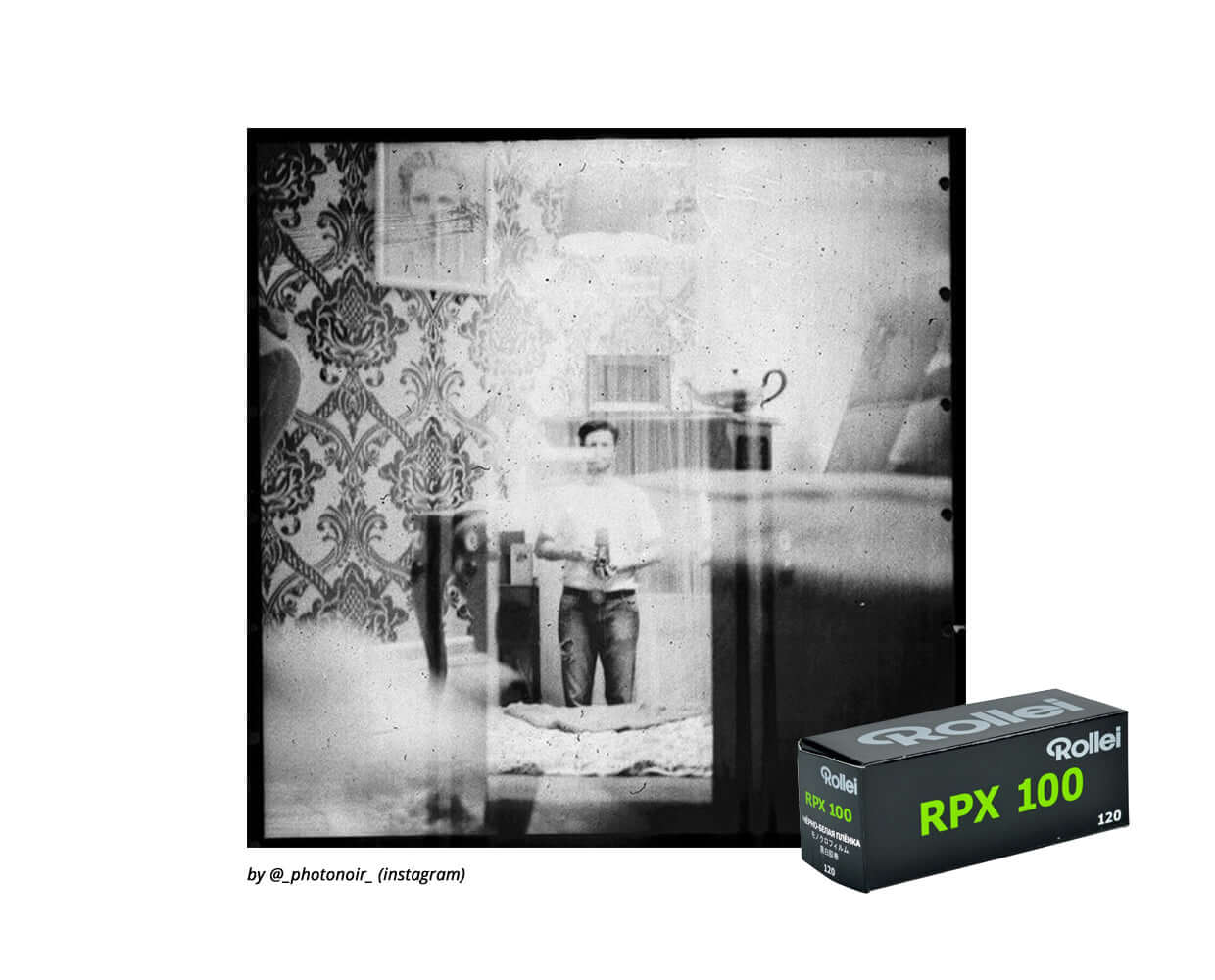 Black and white photo showcasing a vintage scene with Rollei RPX 100 film box in the foreground.
