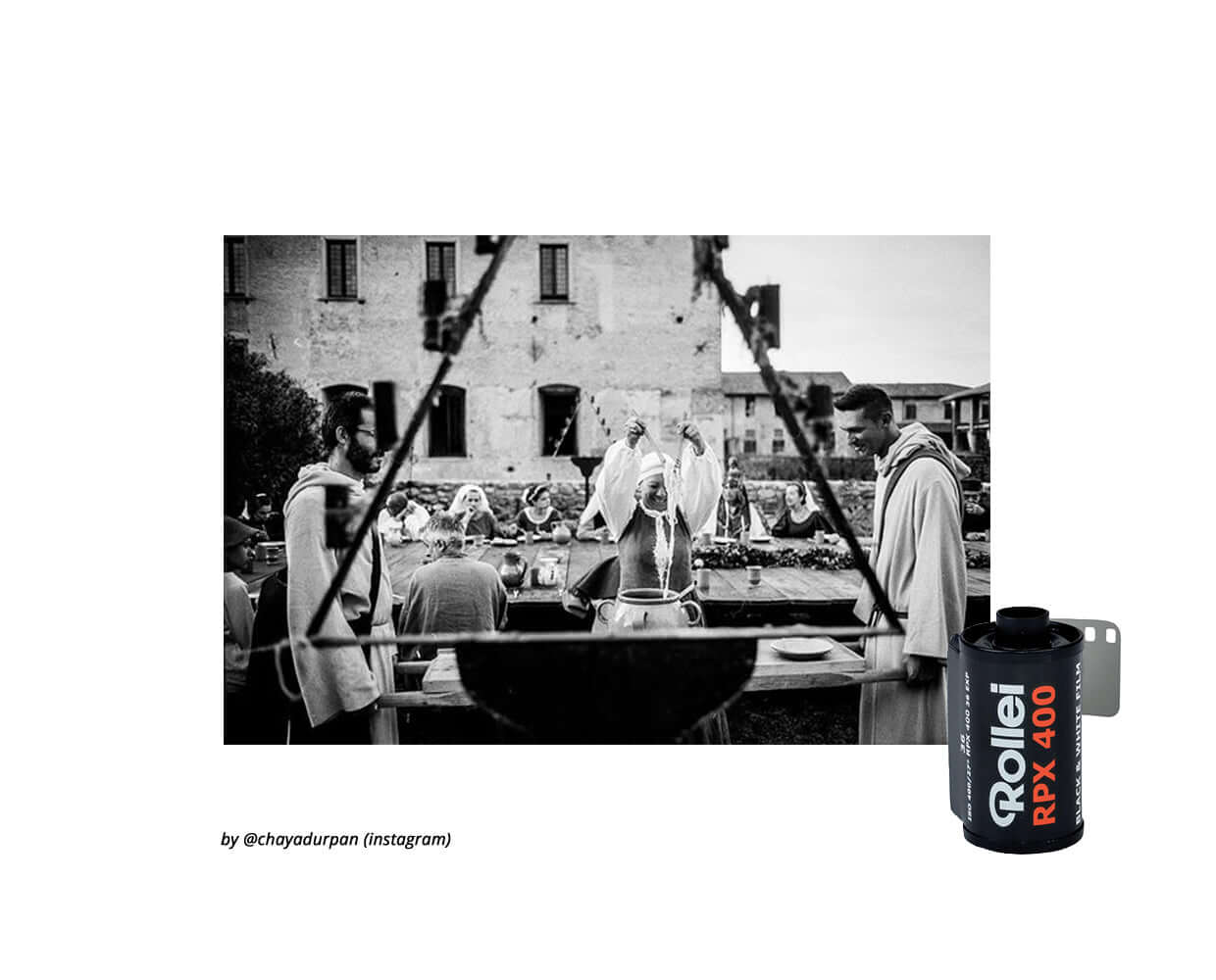 Rollei RPX 400 film displayed with a black and white photograph of people at an outdoor gathering.