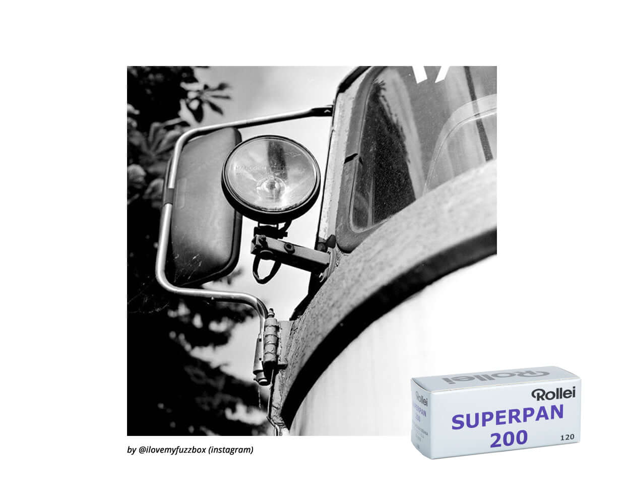 Black and white image of a vehicle's side mirror with Rollei Superpan 200 film box in the corner.