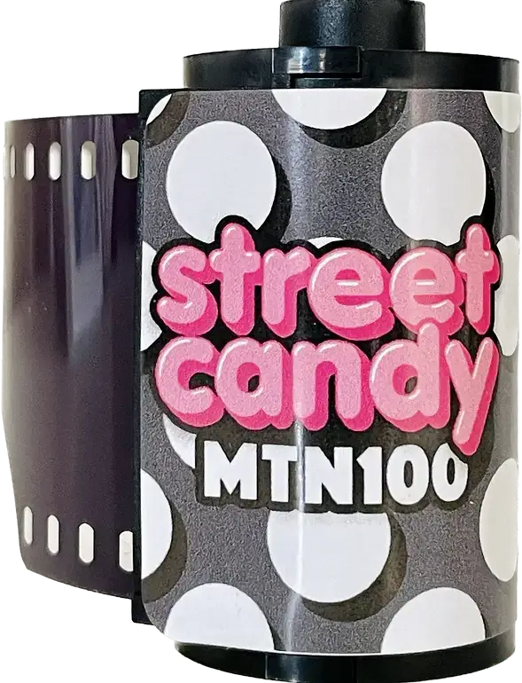 Street Candy MTN100 film canister showcasing classic black and white film for portrait and street photography.