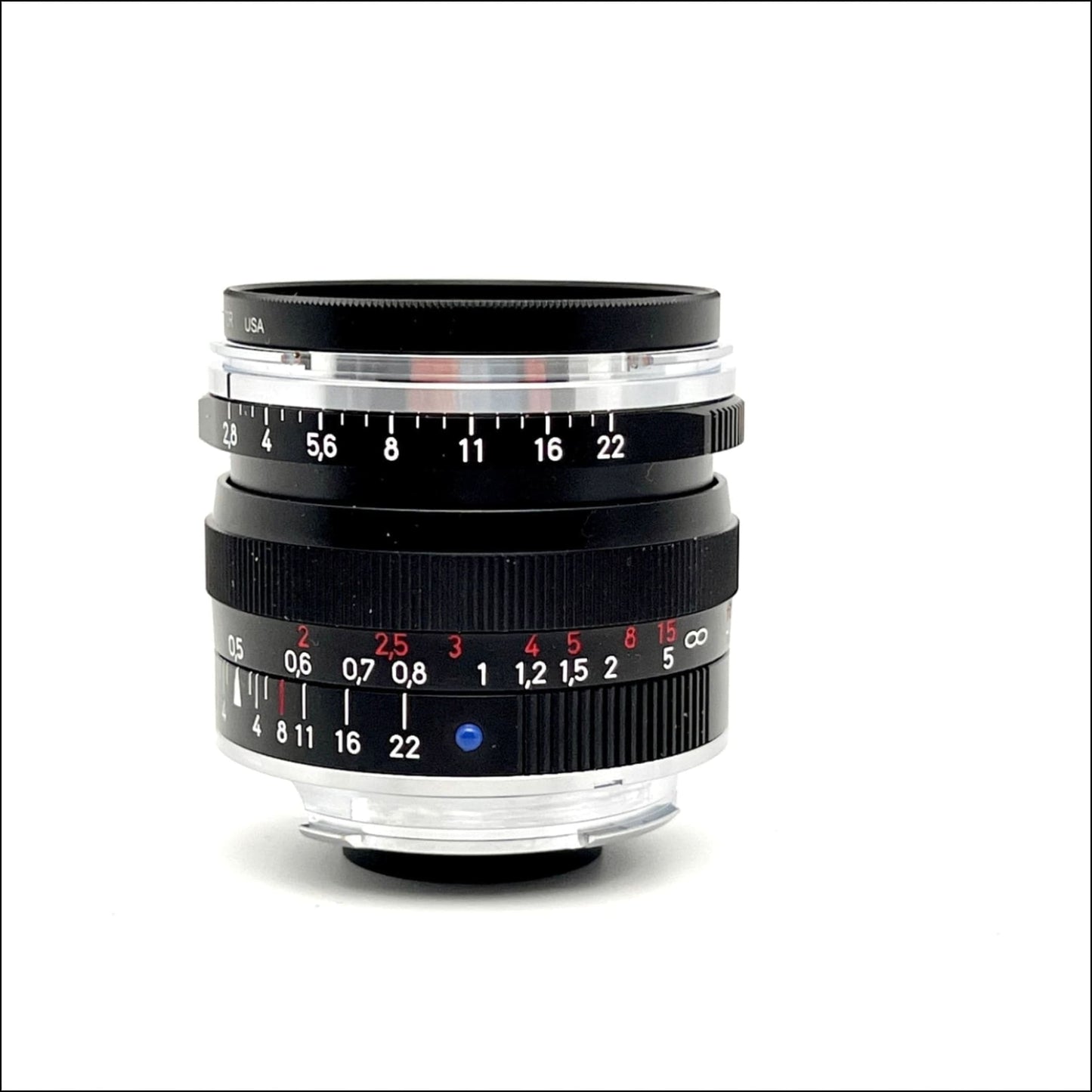 Carl Zeiss Zm Vintage Biogon 28mm F2.8 T* lens on a white background, in excellent cosmetic condition.