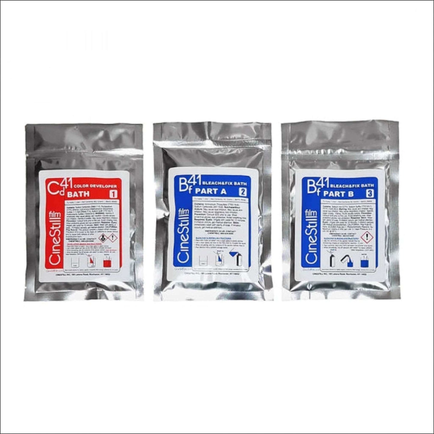 Cinestill Cs41 Powder Developing Kit with C-41 Color Developer and Bleach Fixer for home film processing.