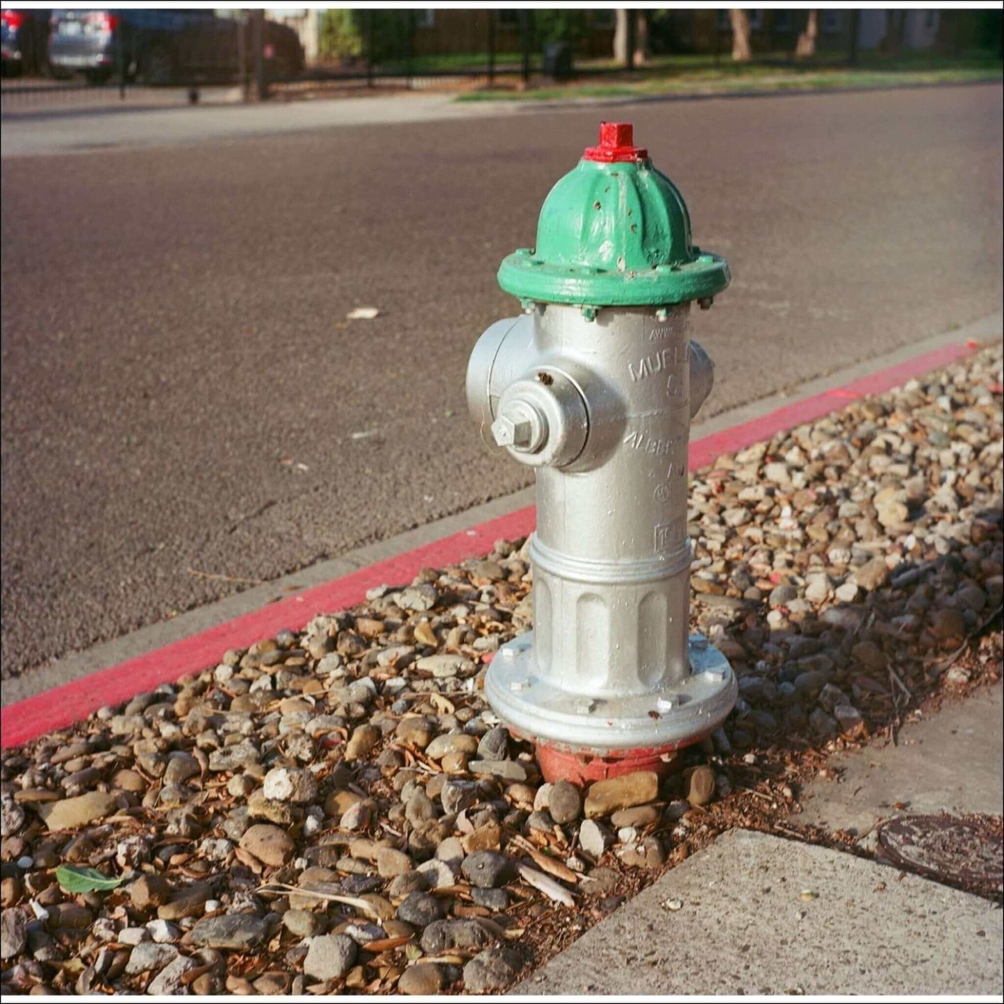 Colorful fire hydrant with a green top and silver body on a pebble-lined street.