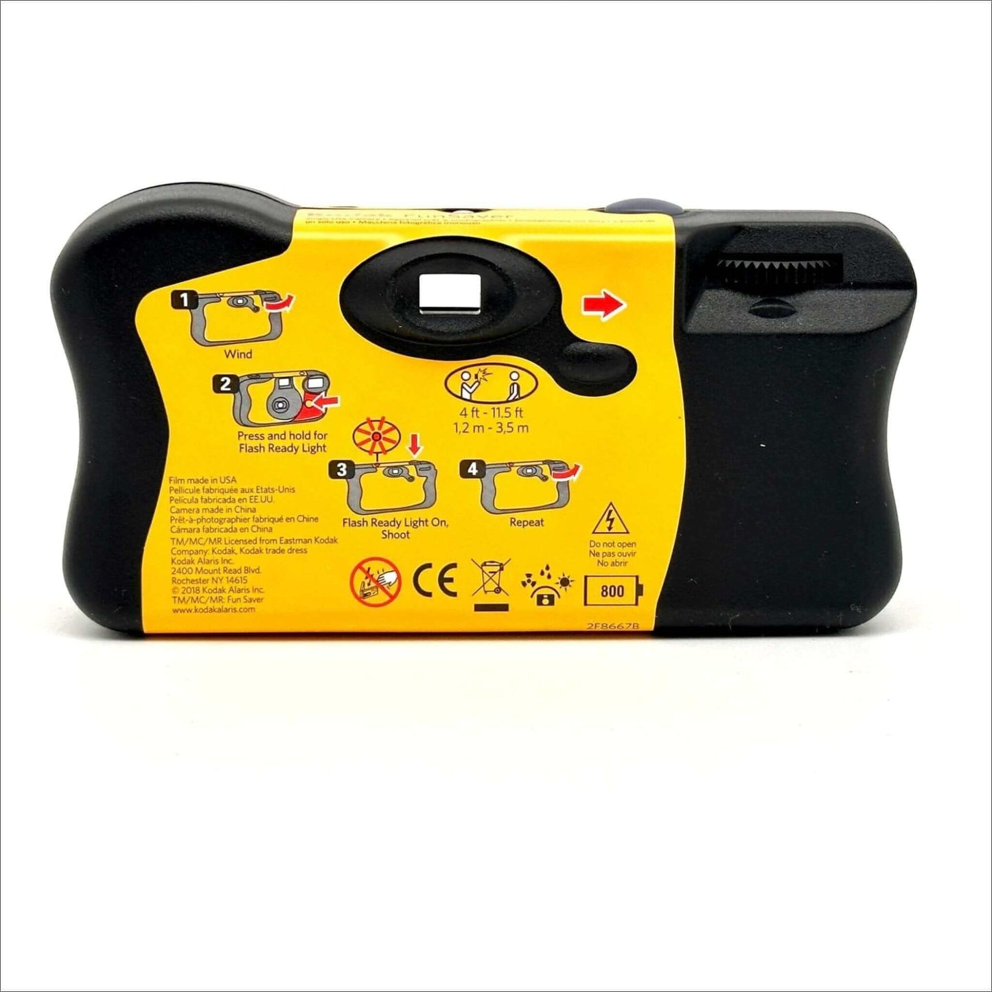 Back view of Kodak Color 35mm 800 ISO Disposable Fun Saver Camera with user instructions.
