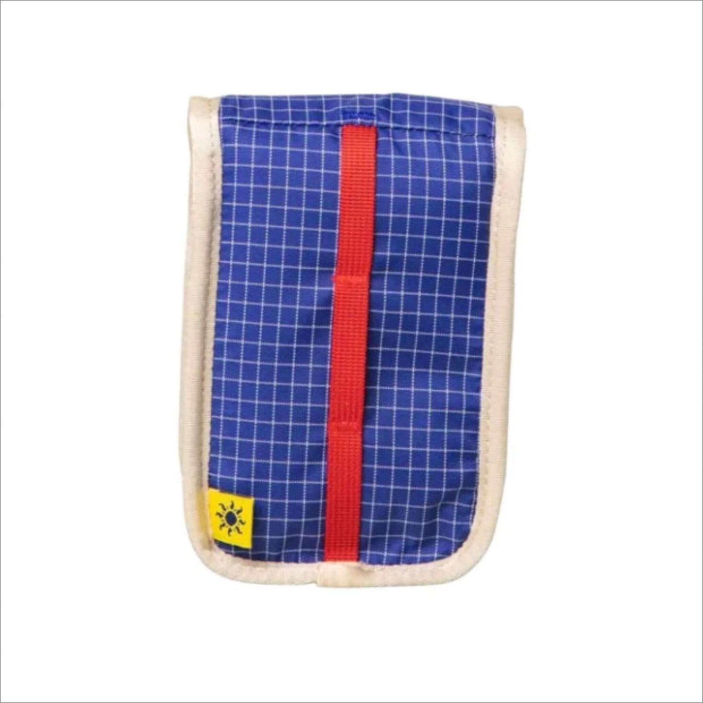 Long Weekend Camera Pouch in creme-multi design, featuring a blue grid pattern and red accent for stylish camera protection.