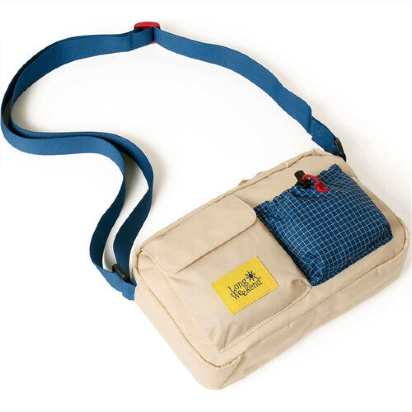 Long Weekend Santa Fe Camera Bag in creme and multi with blue strap and pocket, ideal for photography on the go.