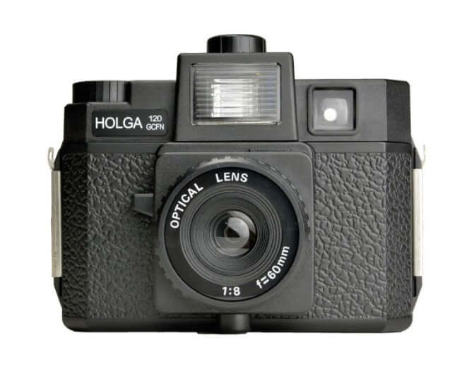 Black holga 120 gofn film camera with textured body and a prominent f=60mm lens.