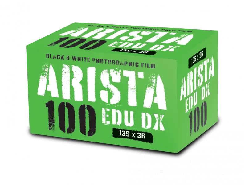Bright green box of arista edu dx 100 black and white photographic film.