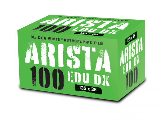 Arista 100 EDU DX 35mm black and white film box packaging for photographers, offering fine grain and wide tonal range.