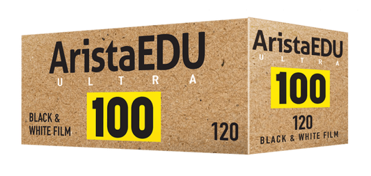 Arista 100 ISO Black & White 120 Medium Format Film packaging featuring fine-grain and excellent resolution.