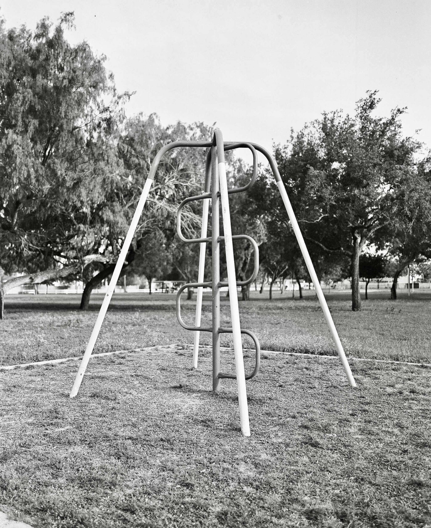 Black and white photograph of a playground swing set surrounded by trees in a grassy park.