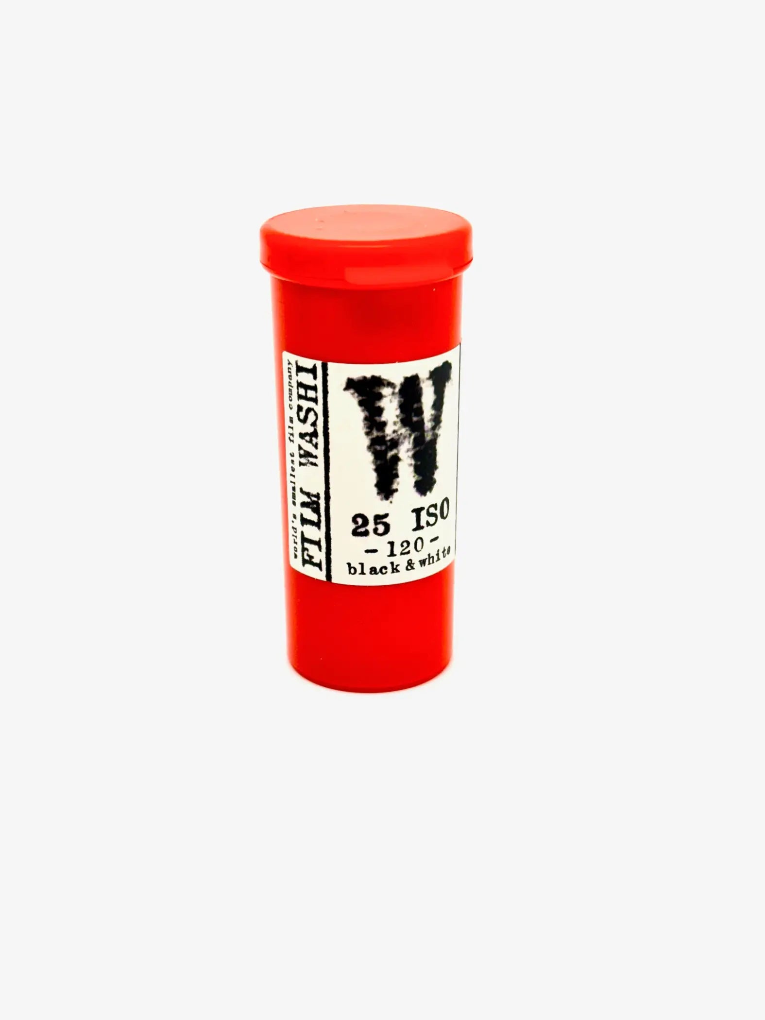 Red cylindrical container of film washi 25 iso black & white photographic film.