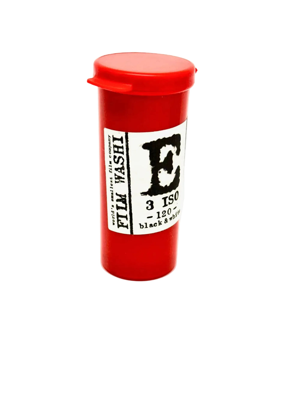 Red cylindrical container with a matching red lid, labeled ’film washi’ and featuring black text indicating it contains 3 iso -120- black & white film.