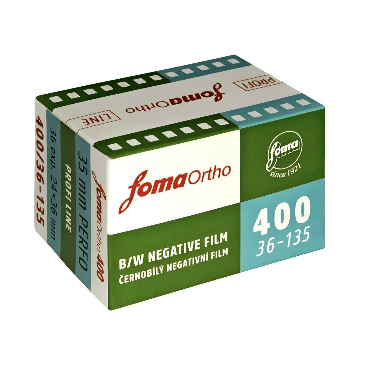 Green and white box of foma ortho 400 b/w negative film.