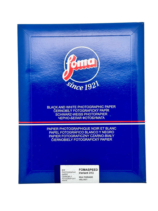 Foma Fomaspeed 313 Variant III VC RC Velvet BW Photographic Paper packaging with brand logo and descriptions.