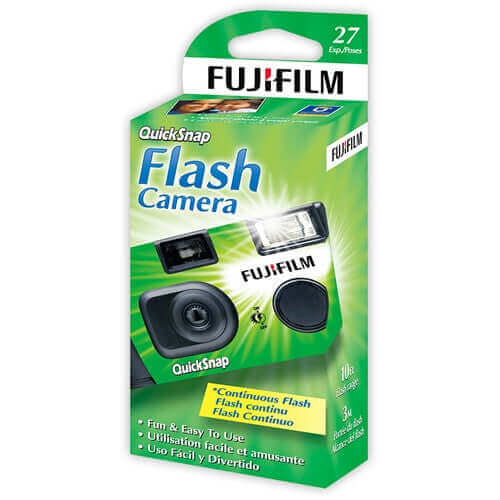 Fuji QuickSnap Flash Camera packaging showcasing 27 exposures, featuring easy-to-use instructions and vibrant colors.