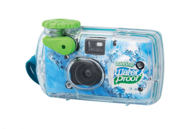 Fuji QuickSnap Waterproof Disposable Camera featuring durable casing for underwater use and vibrant, clear photo shooting.