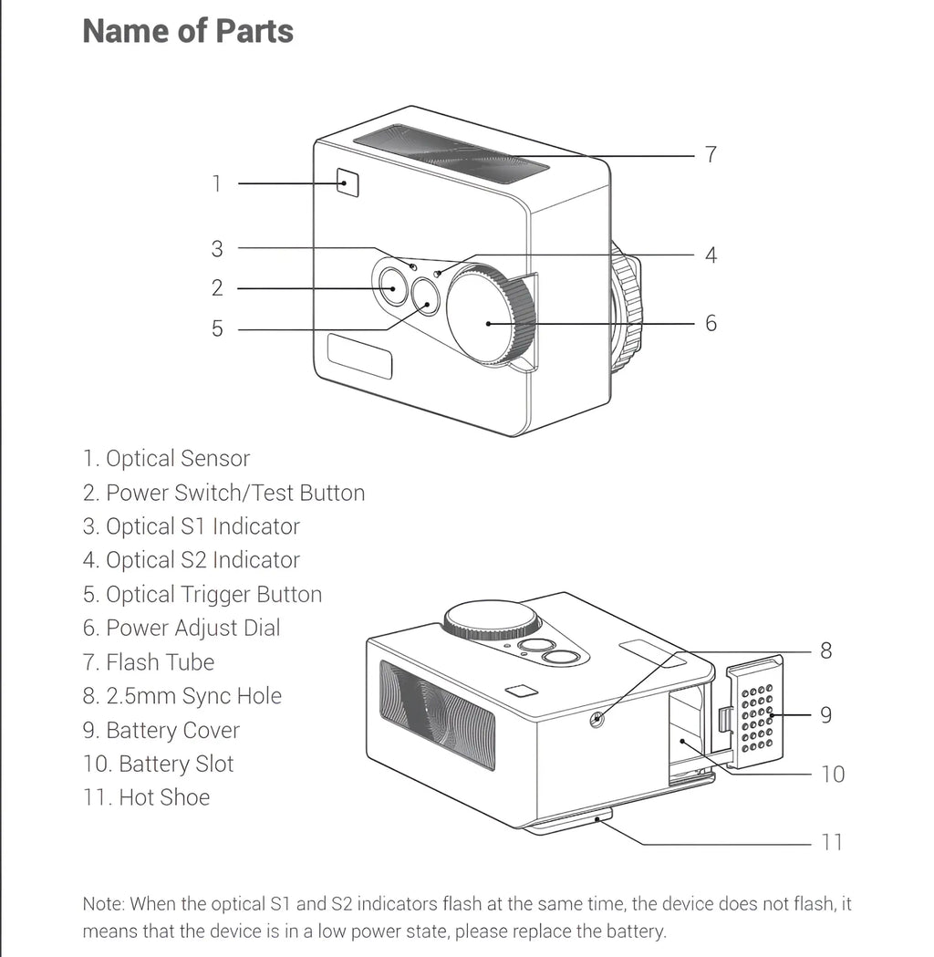 White plastic camera flash unit with a solar panel on top and an adjustable dial for power settings