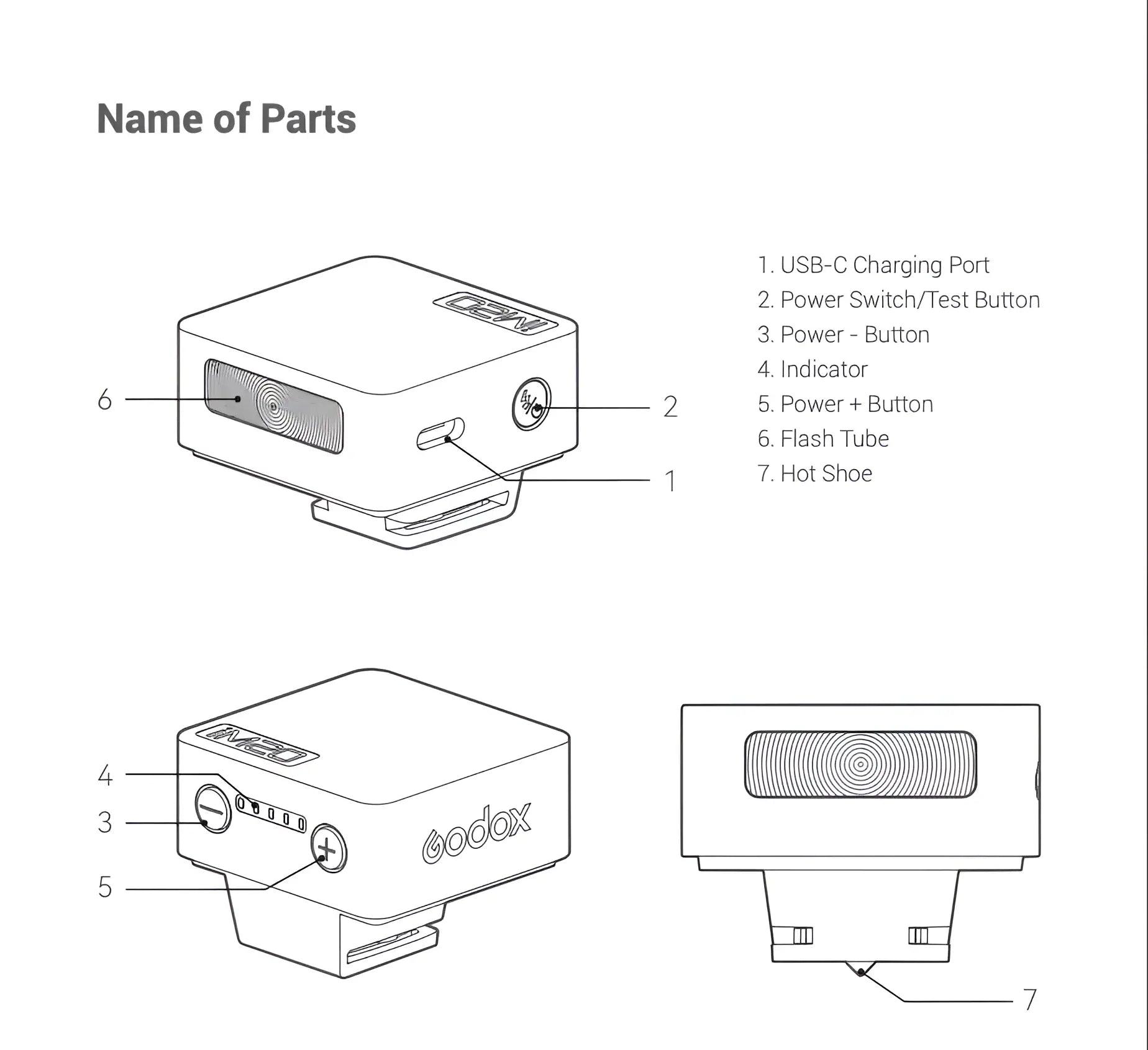 White rectangular godox flash unit with a usb-c charging port, power buttons, and hot shoe mount.