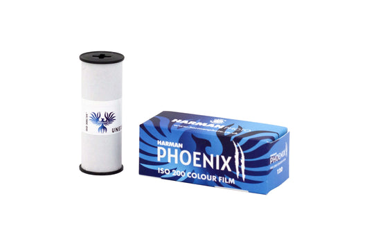 Harman Phoenix II 200 ISO Color 120 Medium Format Film in packaging with film spool.