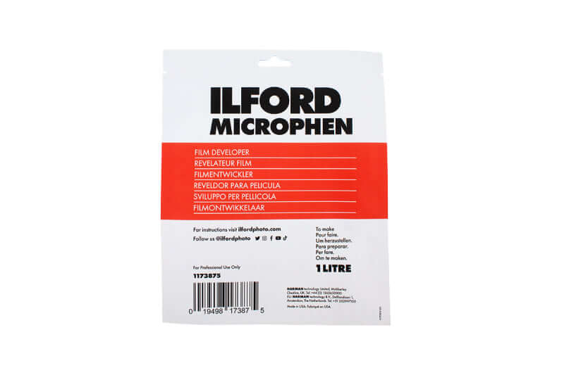 Ilford Microphen Film Developer Powder - 1 Liter packaging with product details and bar code.