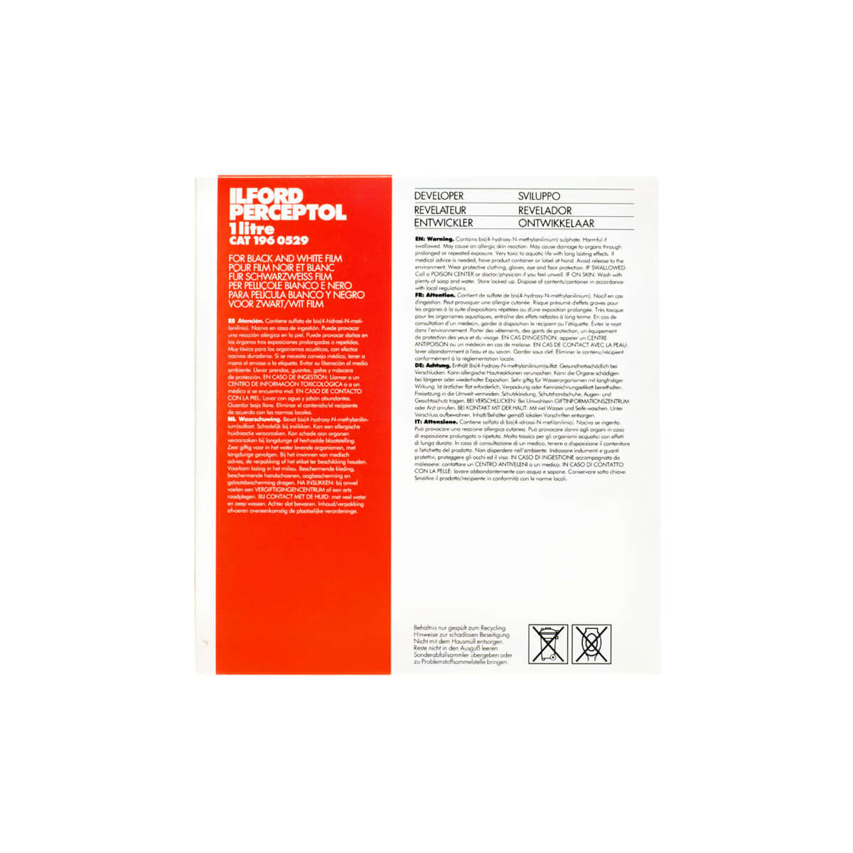 Ilford Perceptol Premium Black and White Film Developer Powder – 1 Liter packaging with product details and instructions.