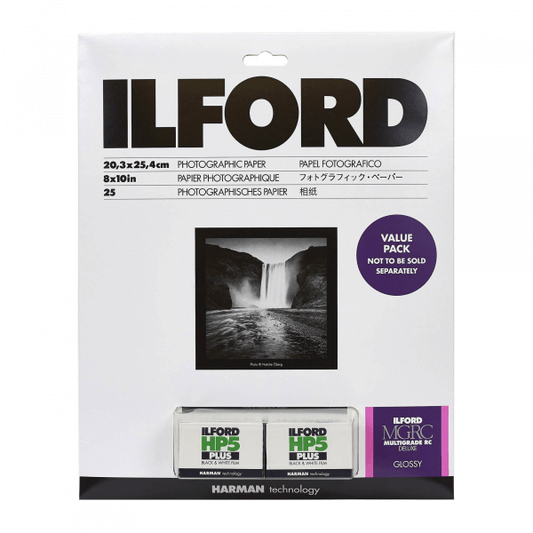 Ilford Starter Kit with MGRC Glossy Paper and HP5 Plus Film for photography enthusiasts.