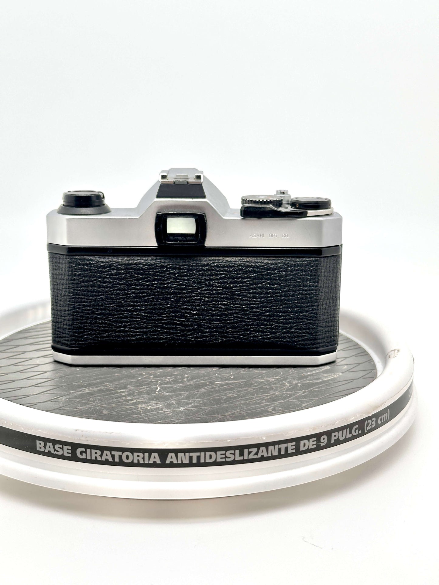 Back view of a used Japanese Asahi Pentax K1000 35mm film camera, showing its classic design and features.
