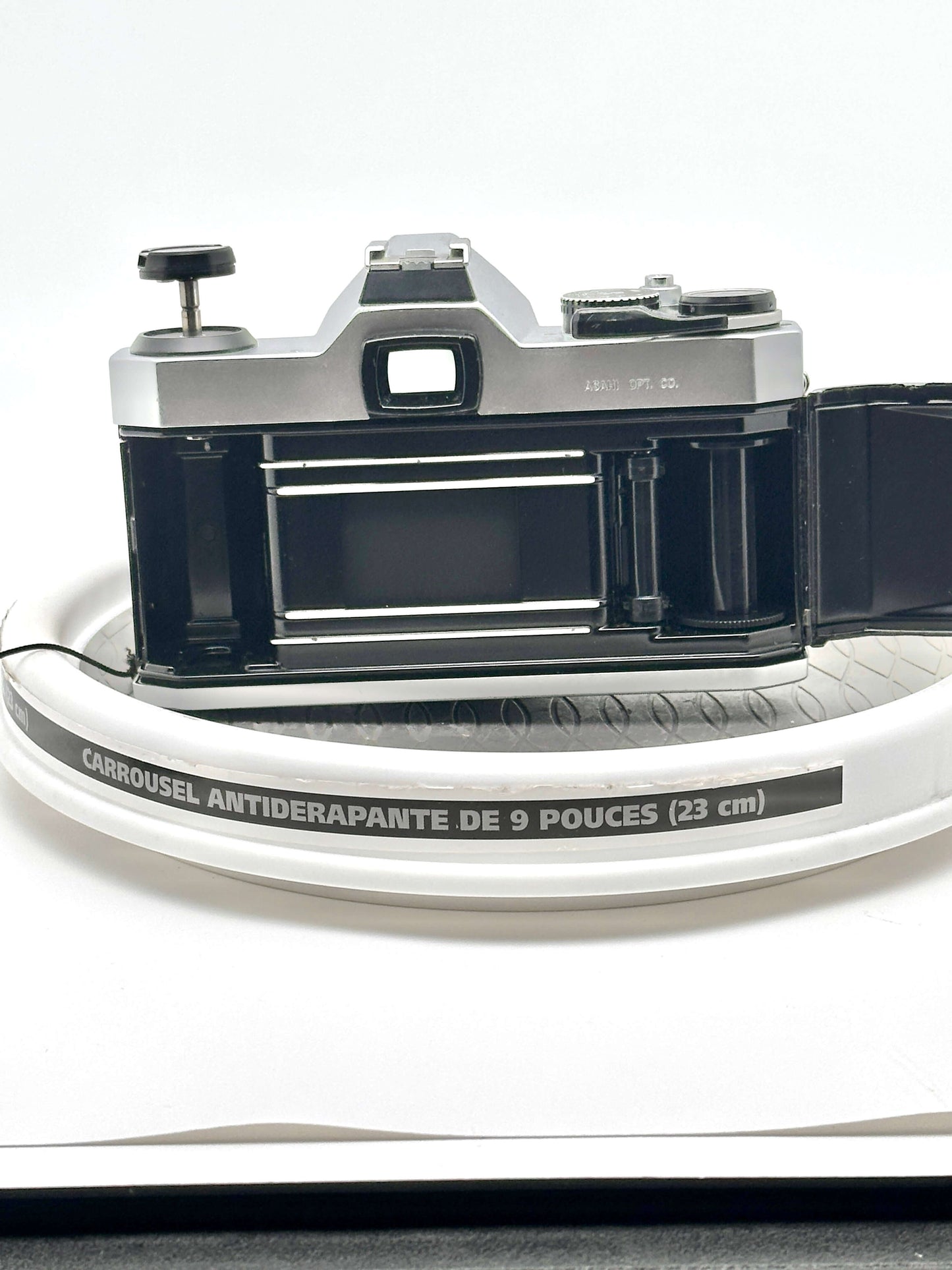 Interior view of the Japanese Asahi Pentax K1000 film camera showcasing its classic mechanics.