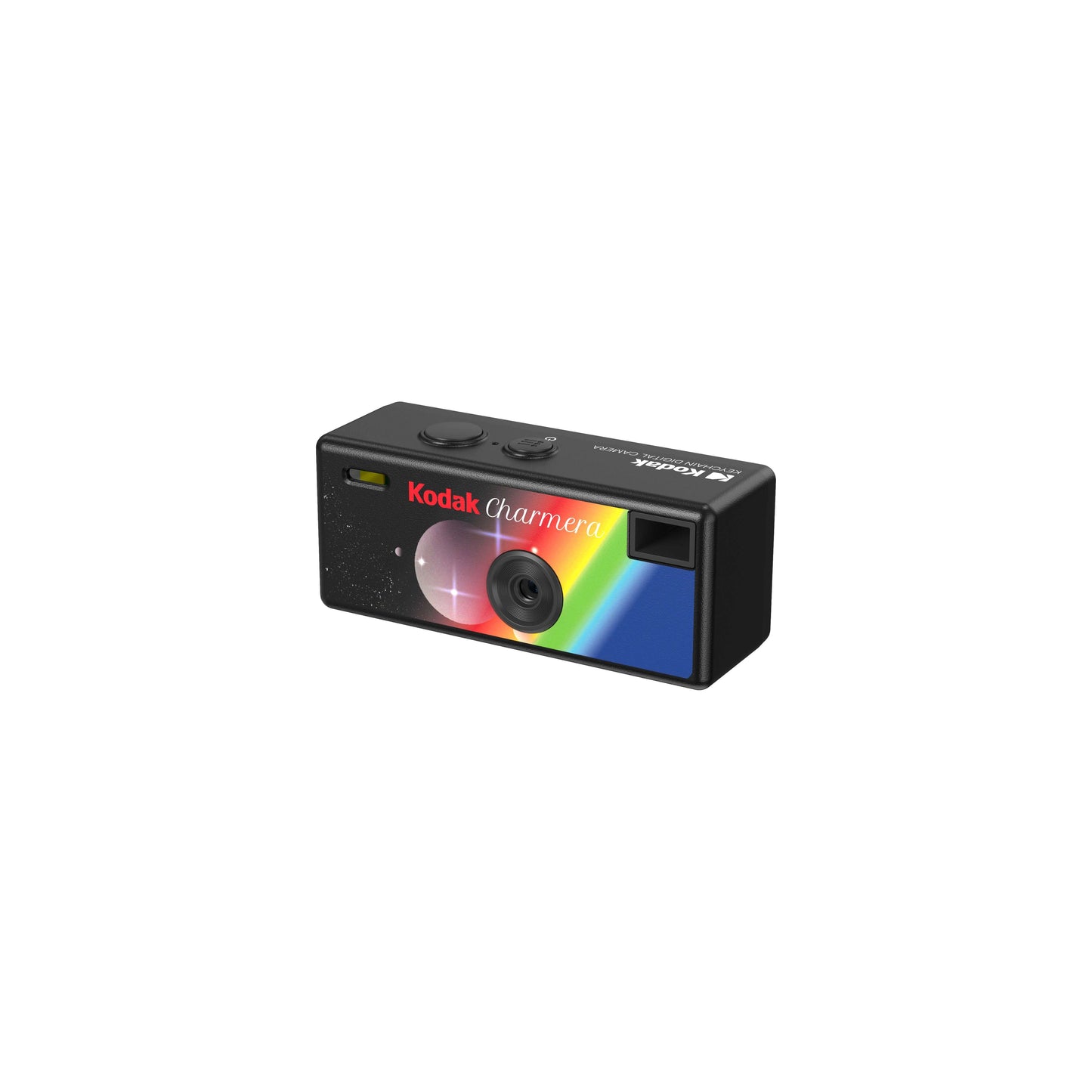 PRE-ORDER Kodak Charmera Keychain Digital Camera in black with rainbow design and lens.
