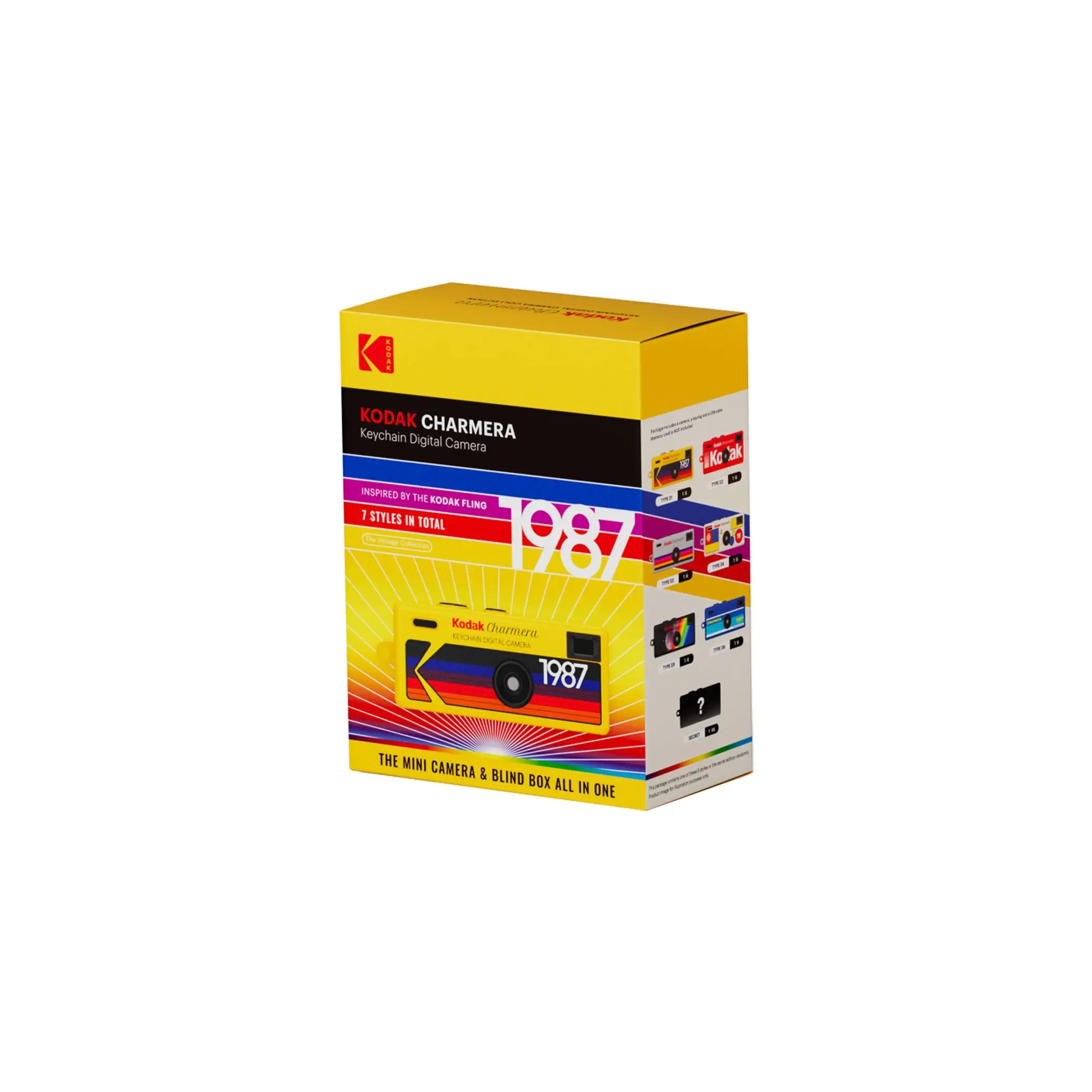 Vibrant yellow and rainbow-colored box containing the kodak charmera keychain digital camera, inspired by the 1987 kodak film.