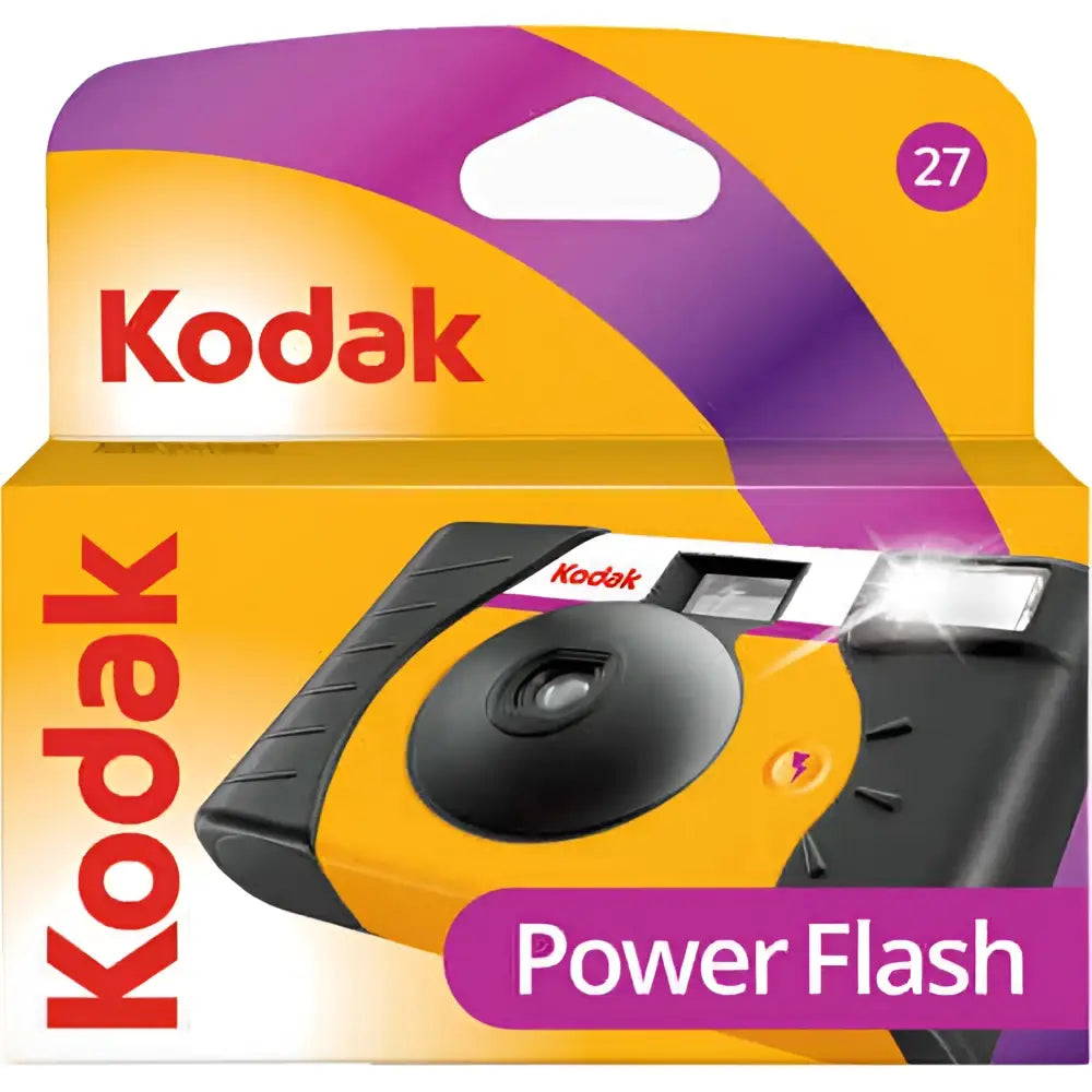 Kodak Power Flash Disposable Camera packaging with 27 exposures, ideal for capturing indoor and outdoor memories.