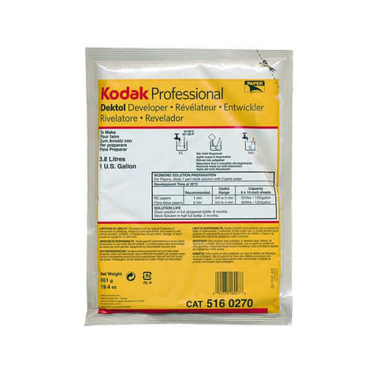 Kodak Dektol developer powder package, 1 gallon preparation instructions for photographic papers.