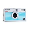 A sleek silver and light blue kodak ektar h35n half-frame camera with a circular lens marked f=22mm.