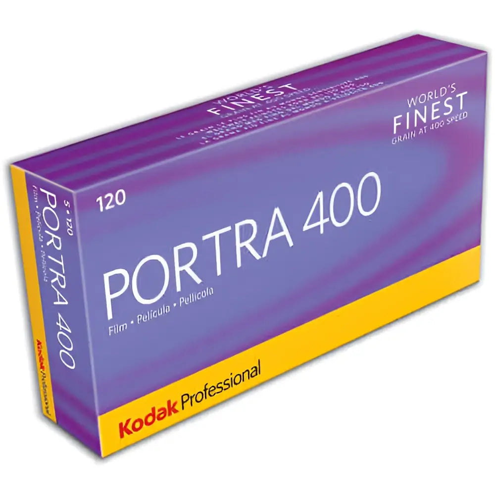 Purple and yellow box of kodak professional portra 400 film.