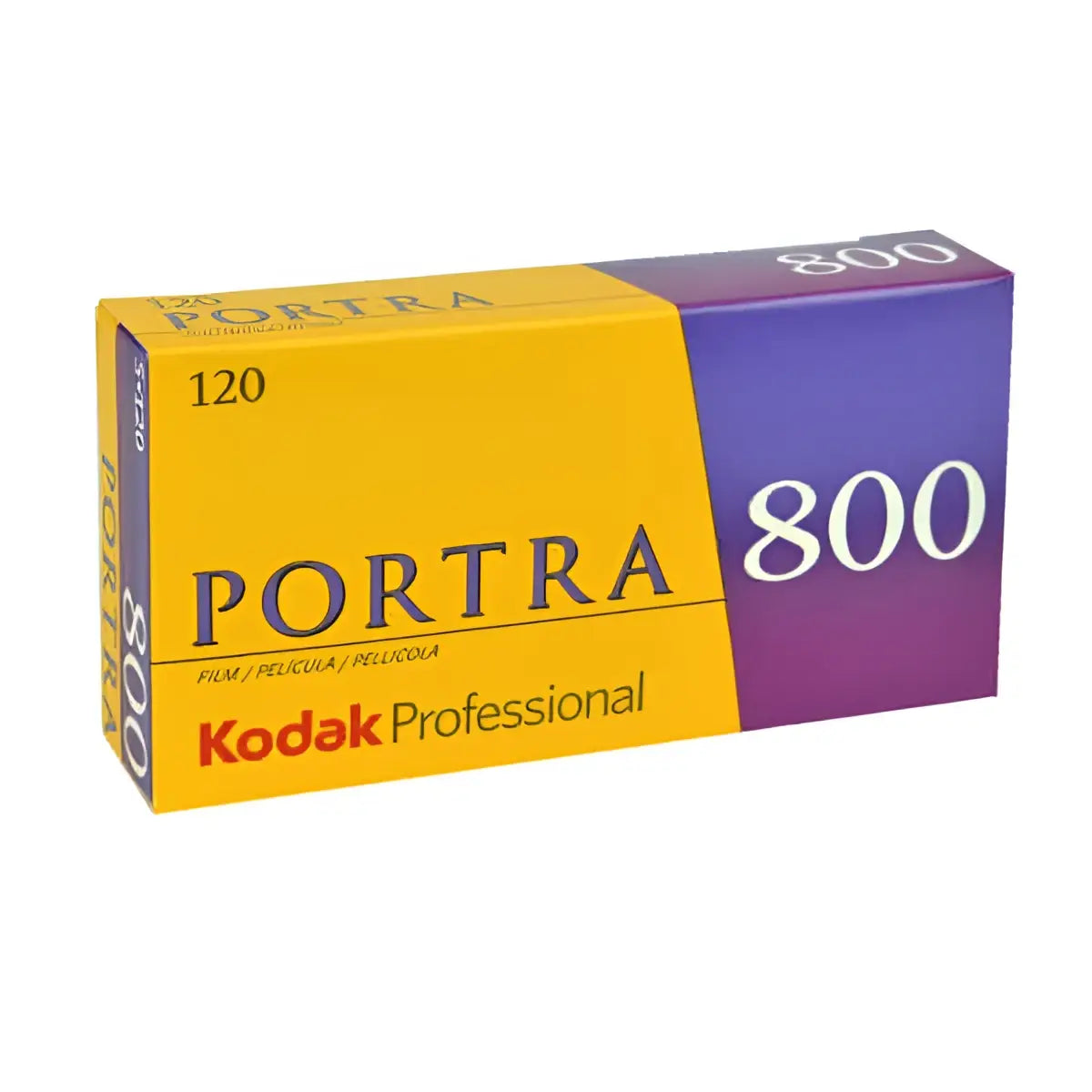 Kodak professional portra 800 film box, featuring a vibrant yellow and purple design with bold white numerals.
