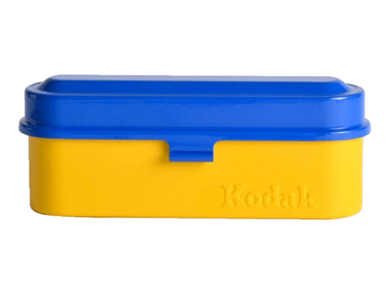 Kodak Steel Film Case For 35mm Films 5 Slots in blue and yellow for organized film storage.