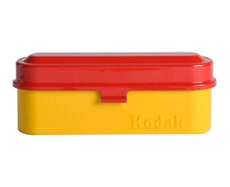 Kodak Steel Film Case For 35mm Films 5 Slots in vibrant yellow and red design, perfect for organizing film.