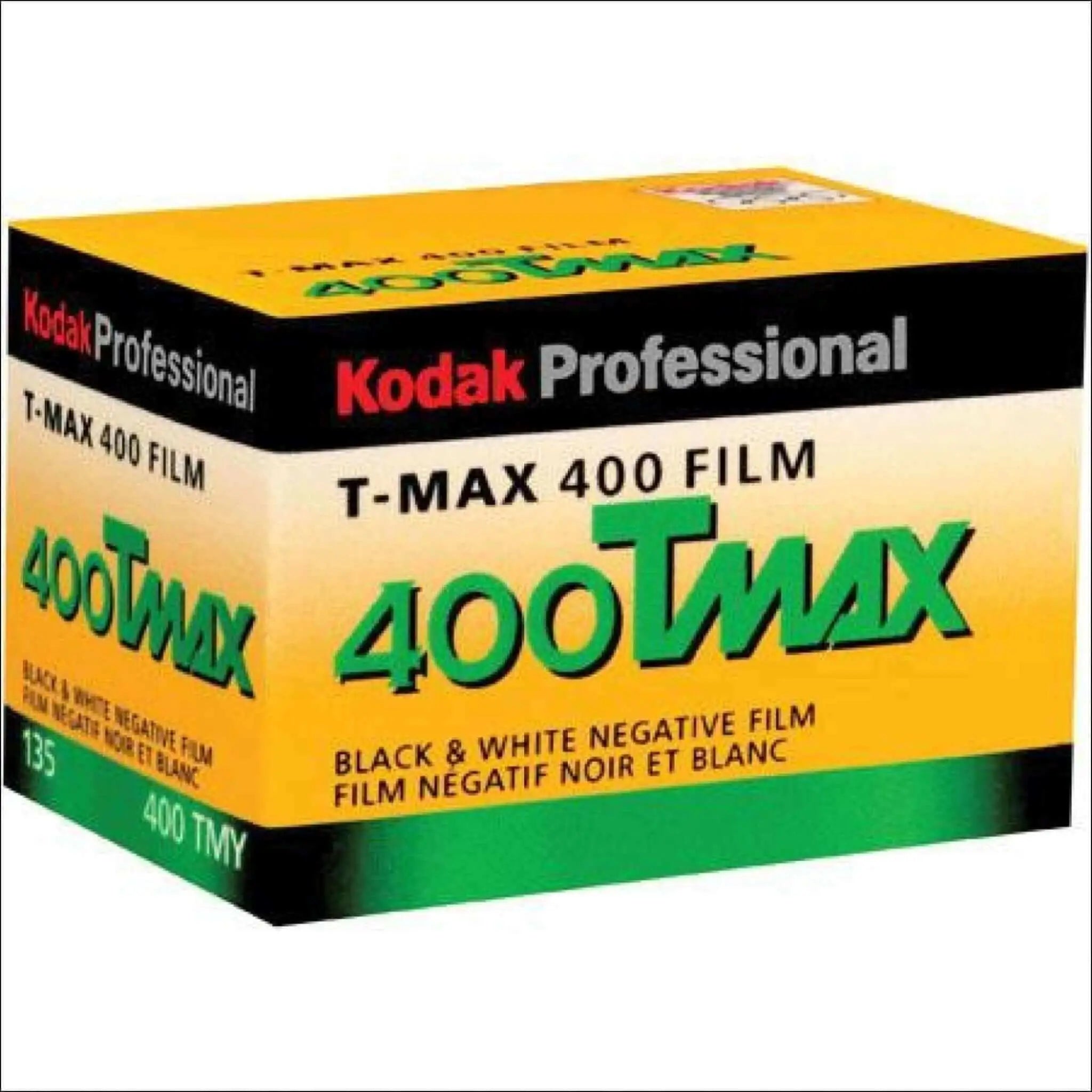 Kodak professional t-max 400 film box in vibrant yellow, green, and black with bold lettering for black & white negative film.