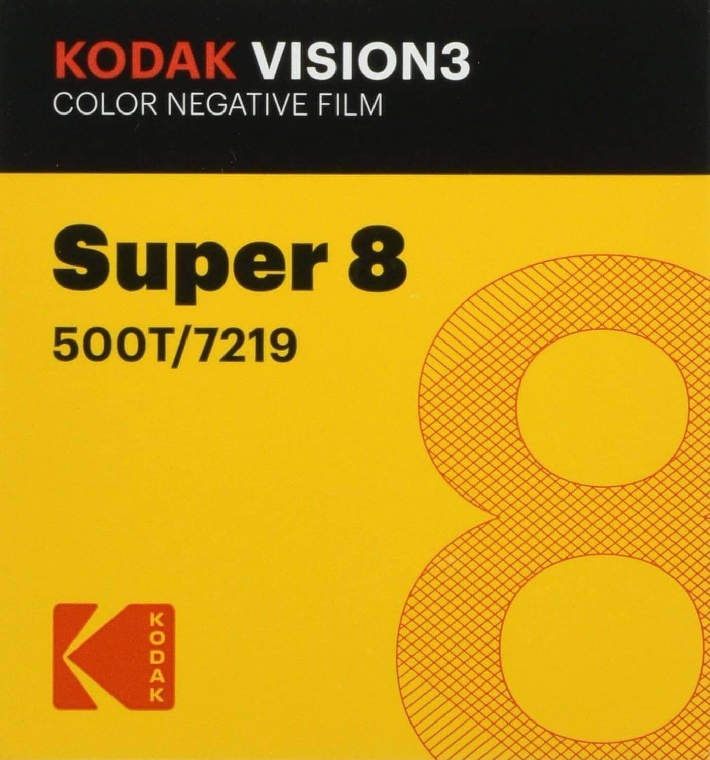 Kodak Vision3 Super 8 500T/7219 color negative film cartridge packaging