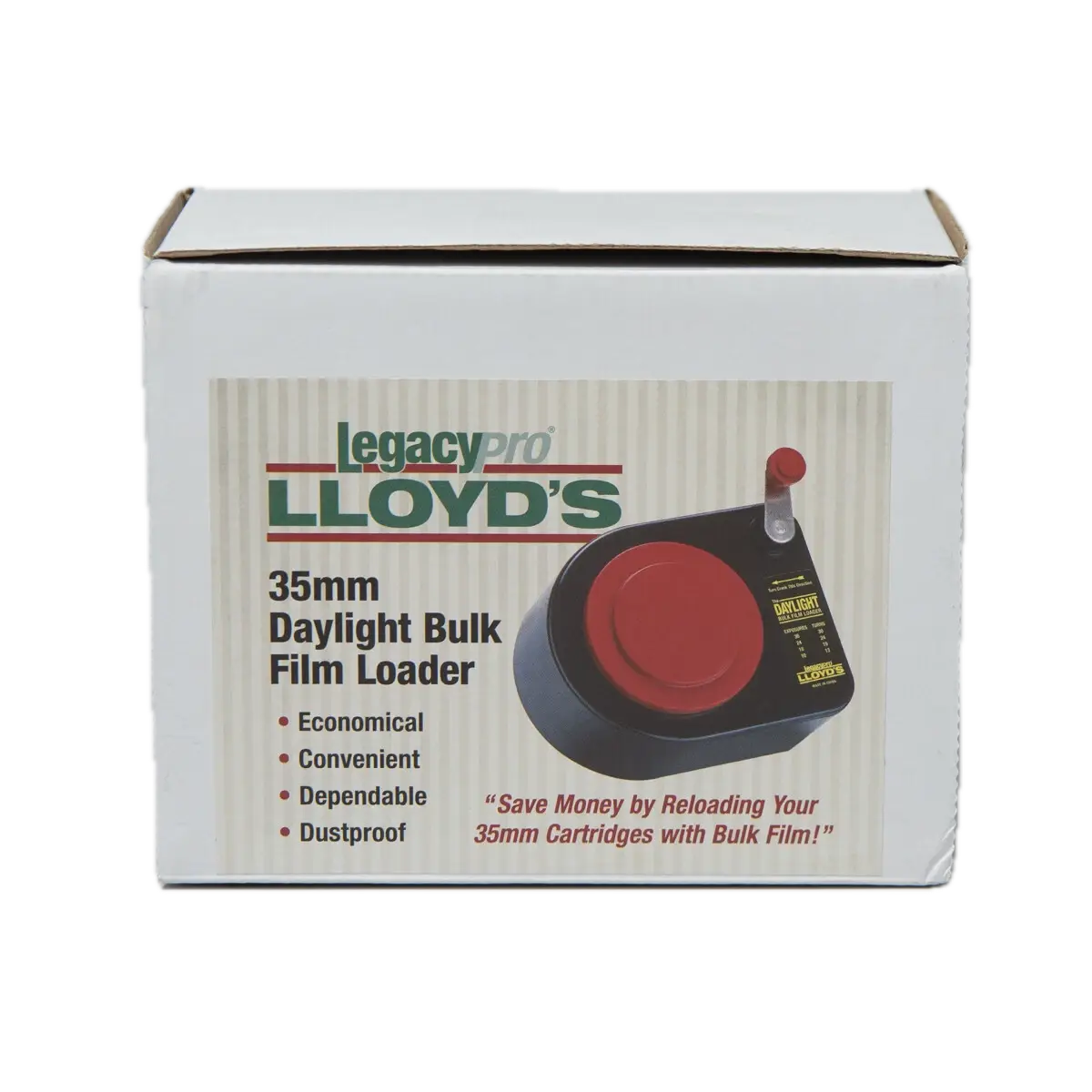 Legacypro lloyd 35mm bulk film loader with black body red circular loading button and handle for 35mm bulk film use